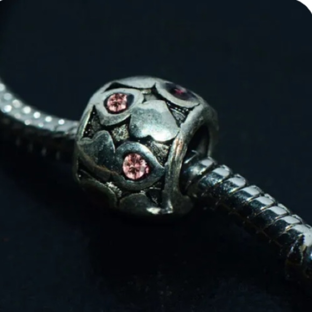 Pink Crystal Heart Bead Spacer Silver Fit European & Pandora Chain Bracelet